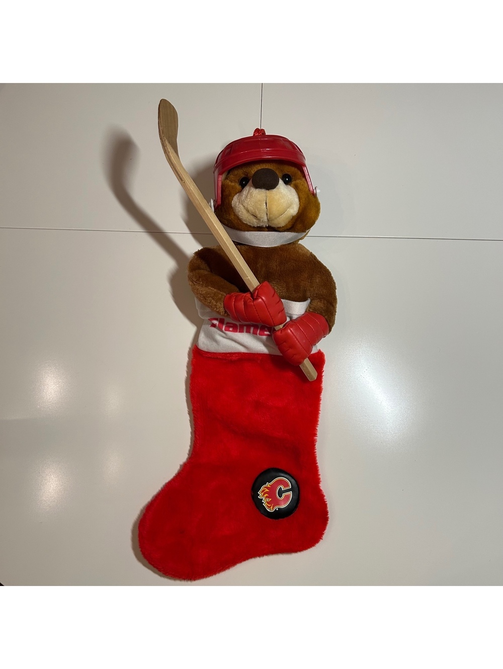 Vintage NHL Calgary Flames Plush Teddy Bear Christmas Stocking 1994 Holidays 21"